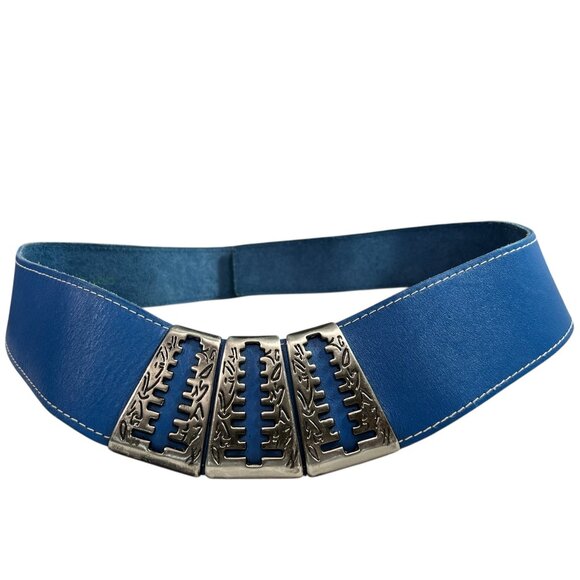 Vintage 80s Blue Leather Wide Statement Waist Belt with Metal Detail Size M/L main image 10
